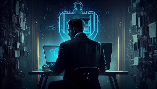 Cyber security system data protection digital technology Businessman working on laptop Generate Ai