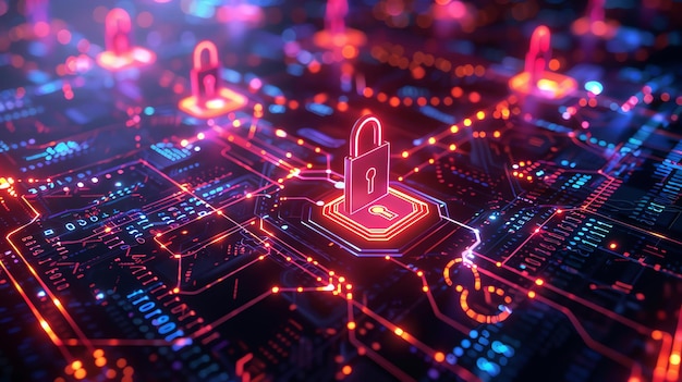 Cyber Security with glowing padlock on a digital circuit board