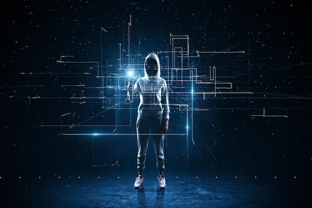 Cyber space security concept with faceless hacker in sport suit working with digital screen with lines and intersections