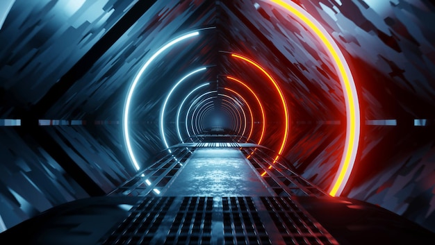 Cyber Tunnel SciFi interior design Illuminated futuristic spaceship corridor Neon Orange Red Blue