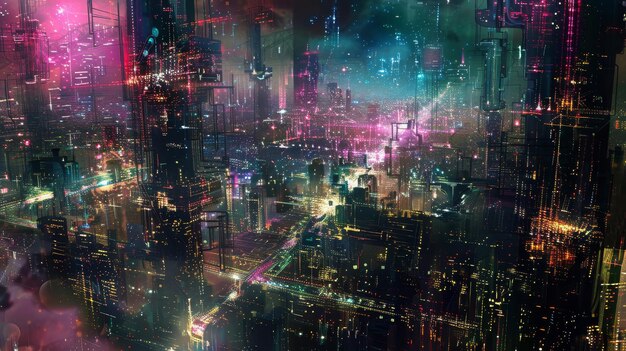 Cybernetic city with illuminated buildings and lively streets