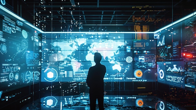 Cybernetic Command Center A figure stands before a futuristic command center with digital interfaces