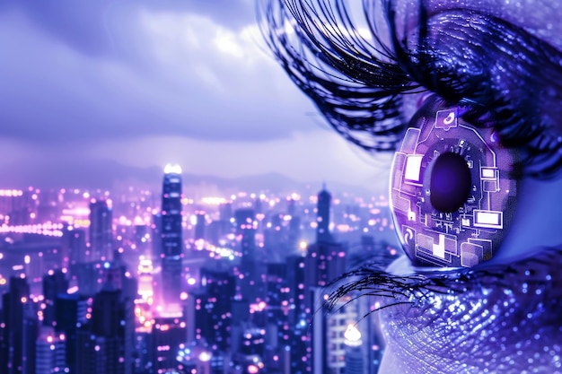 Cybernetic eye overlooking a high tech urban sprawl capturing the essence of modern city life in a