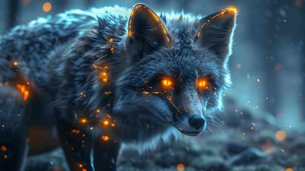 A Cybernetic Fox Exploring a Digital Forest Realm with Glowing Eyes and Sleek Fur