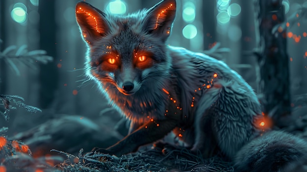 Cybernetic Fox Exploring Glowing Digital Forest Landscape