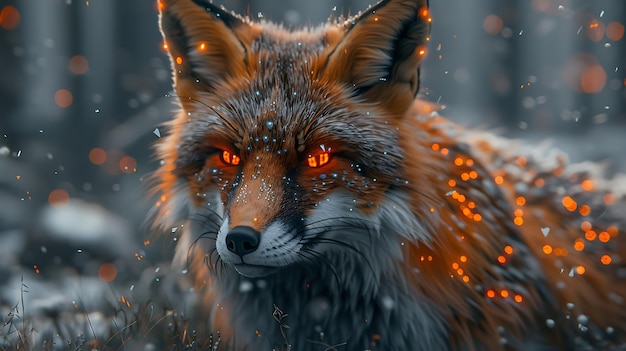 A cybernetic fox with glowing eyes and sleek fur exploring a digital forest