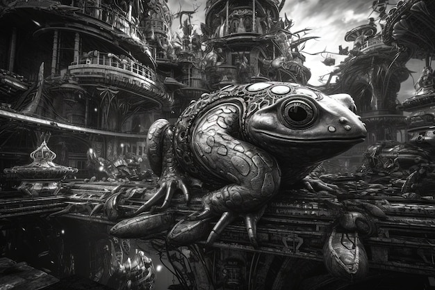 Cybernetic futuristic machinery Frog in a dark background illustration generative ai