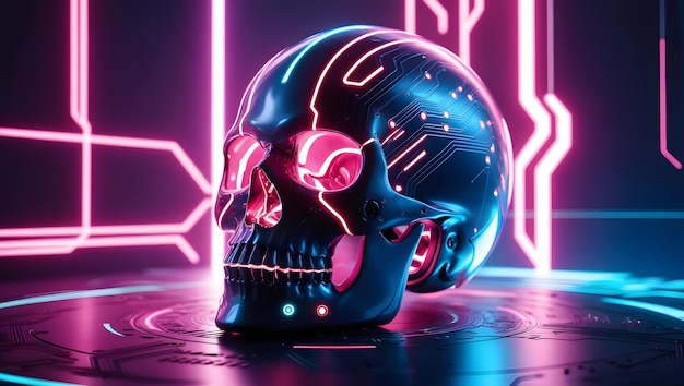 Photo cybernetic neon skull in a futuristic hightech landscape