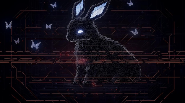 Photo cybernetic rabbit with glowing eyes and butterflies