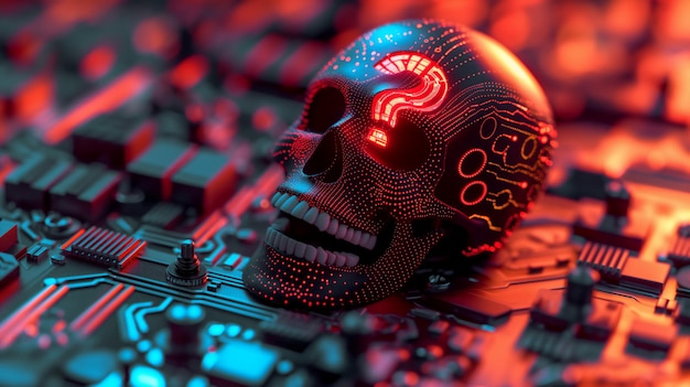 Photo cybernetic skull on a circuit board with neon red and blue highlights representing digital danger