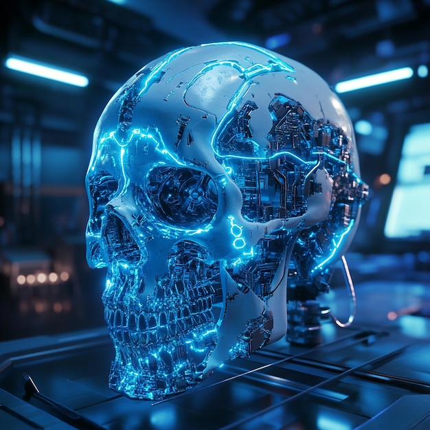 Photo cybernetic skull with mechanical components integrated into the bone structure