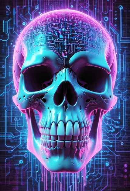 Photo a cybernetic skull with neon circuits and holographic interfaces