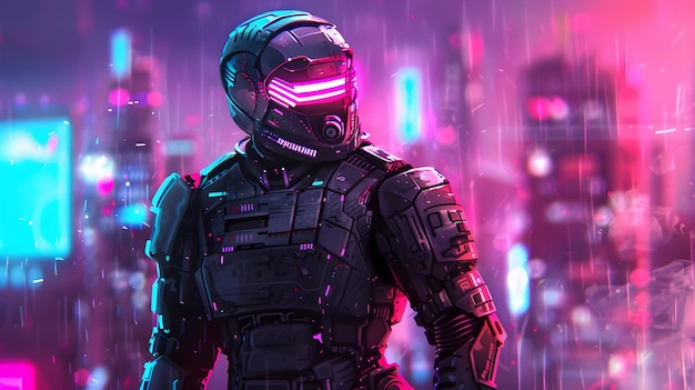 Cybernetic Warrior Stands Tall on Neon Lit City Rooftop in Futuristic Sci Fi Landscape