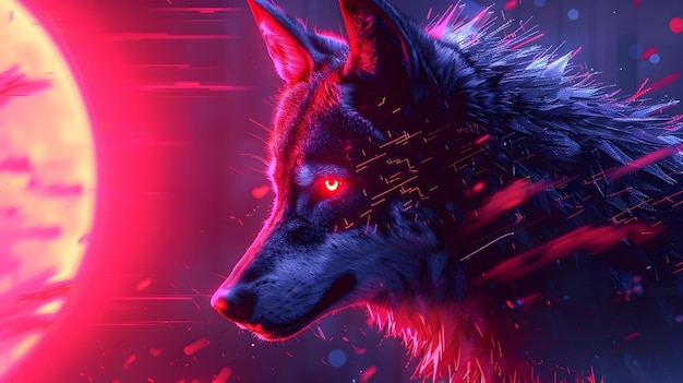 Cybernetic Wolf Howling at Neon Moon in Futuristic Landscape