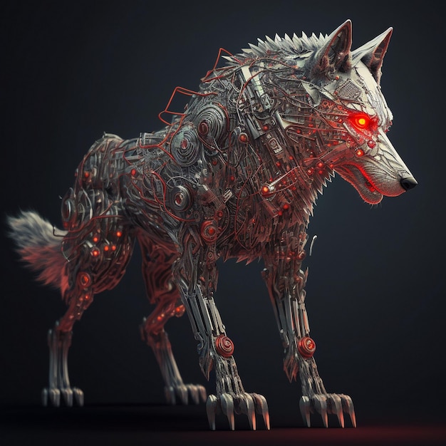 Cybernetic wolf with red glowing eyes