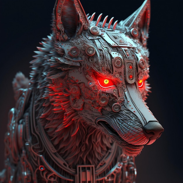 Cybernetic wolf with red glowing eyes