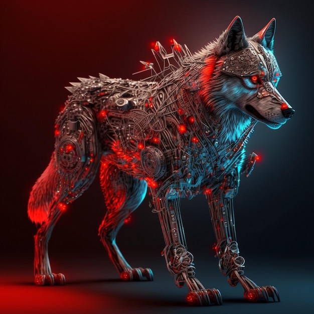 Cybernetic wolf with red glowing eyes