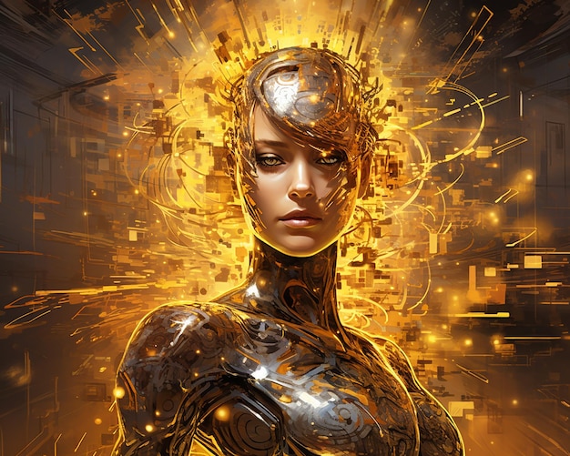 Cybernetic Woman Standing in a Glowing Golden City