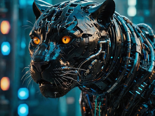 Cyberpanther with orange eyes with fangs