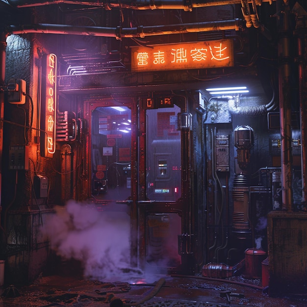 Photo a cyberpunk back doorway with neon signs and steam climbing from vents