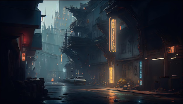 Cyberpunk background blurred city scene in matrix AI render