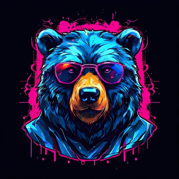 a Cyberpunk bear portrait with colored fluid artwork