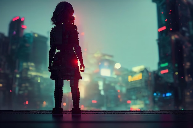 Cyberpunk beautiful girl with body of lego constructor Cyberpunk metaverse Night city background