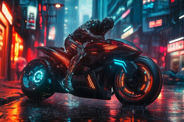 Photo cyberpunk biker with bionic legs revving a hightech motorcycle in a rainsoaked alley motorcycle with glowing accents biker s legs pulsing with energy to match the city s rhythm