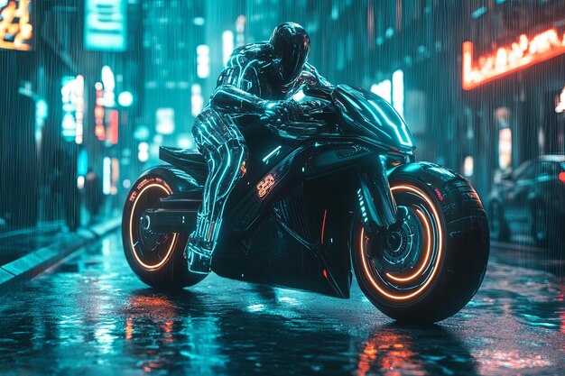 Photo cyberpunk biker with bionic legs revving a hightech motorcycle in a rainsoaked alley motorcycle with glowing accents biker s legs pulsing with energy to match the city s rhythm