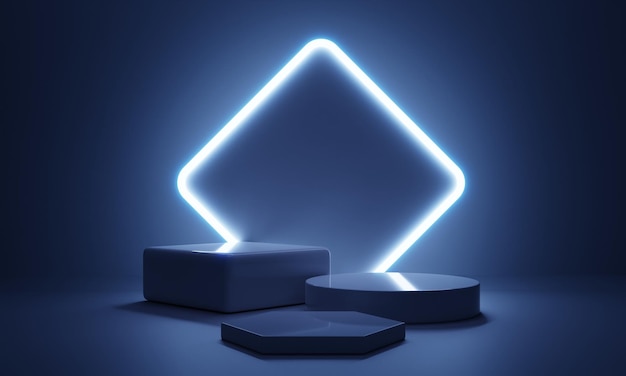 Cyberpunk blue empty podium with glowing lamp frame in the dark for product presentation Technology and Scifi concept 3D illustration rendering