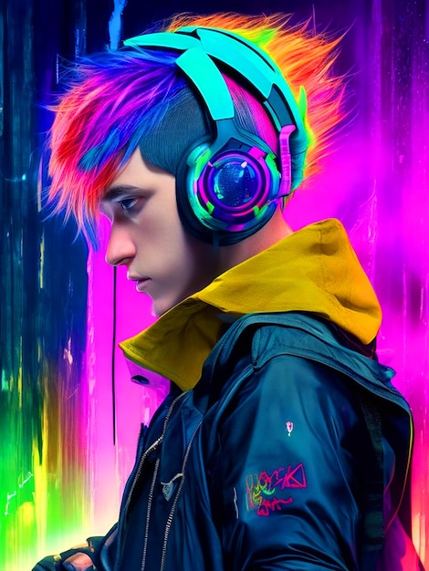 cyberpunk boy with multicolored hair and headphones images download