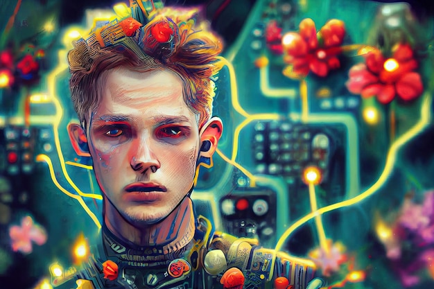 Cyberpunk boys closeup web illustration