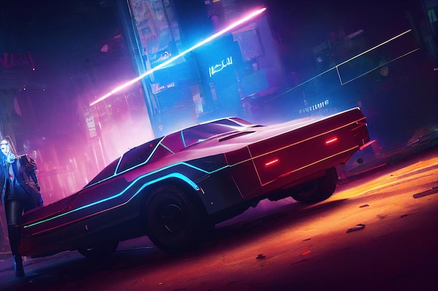 Cyberpunk car on the background of the city illustration