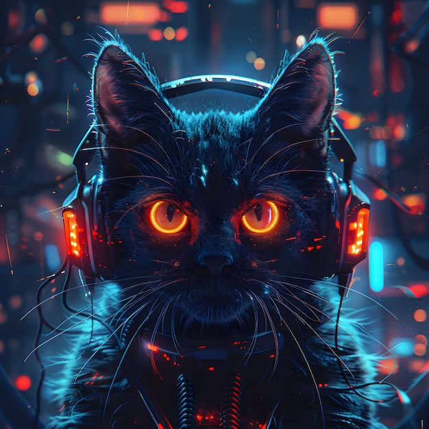 Cyberpunk Cat with Headphones