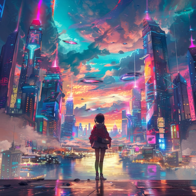 A cyberpunk character standing in the center of an urban street scene surrounded by neon