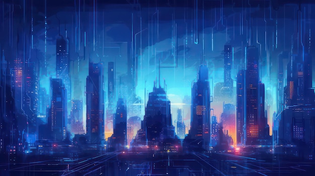 cyberpunk city blue wallpaper for desktop background and design projects