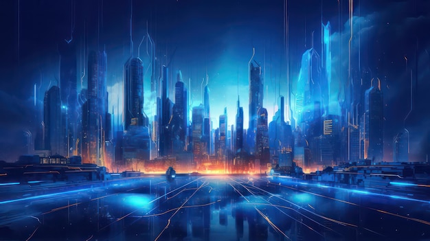 cyberpunk city blue wallpaper for desktop background and design projects