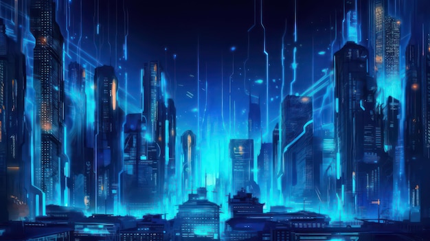 cyberpunk city blue wallpaper for desktop background and design projects