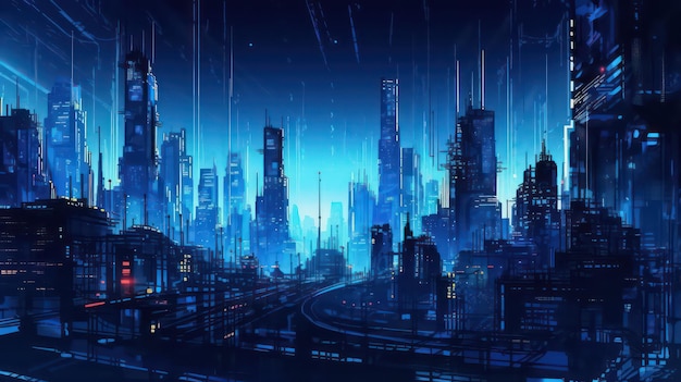 cyberpunk city blue wallpaper for desktop background and design projects