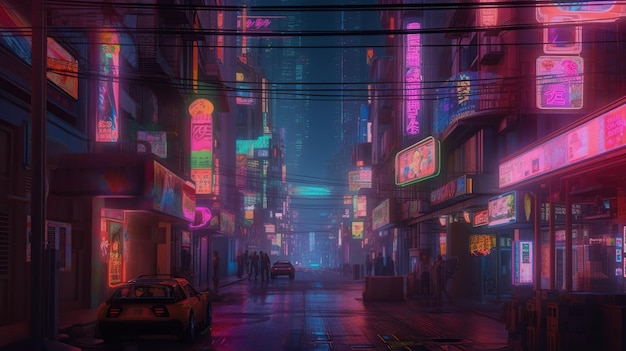 Cyberpunk city city in neon light background