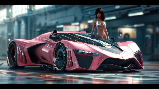 Cyberpunk city neon sports cars and women standing around on the street wallpaper AI generated image