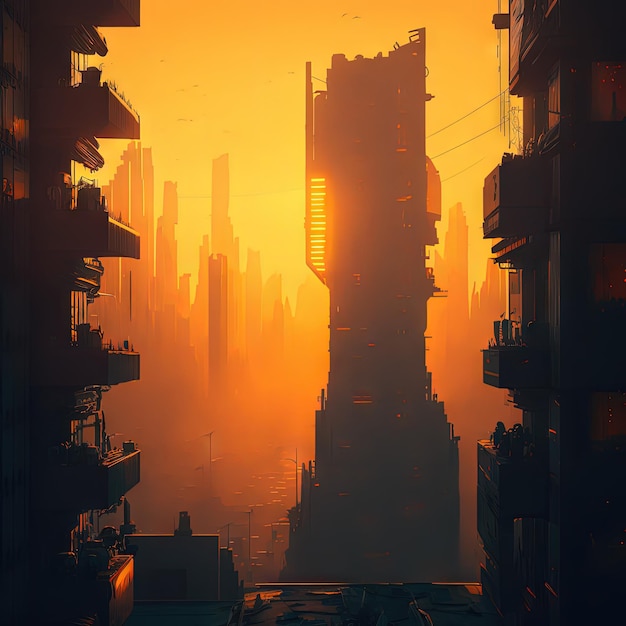 Cyberpunk City Silhouette Cityscape Urban Landscape Drawing Imitation Abstract Generative AI Illustration