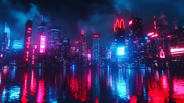 Photo cyberpunk city skyline at night with neon lights reflecting on the water