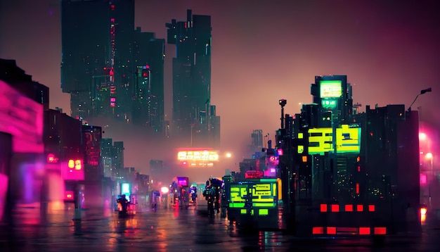 Cyberpunk city street night view futuristic city neon lights Night street scene retro future 3D illustration