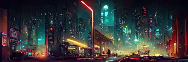 Cyberpunk city street, night view, futuristic city, neon lights. Night street scene, retro future.