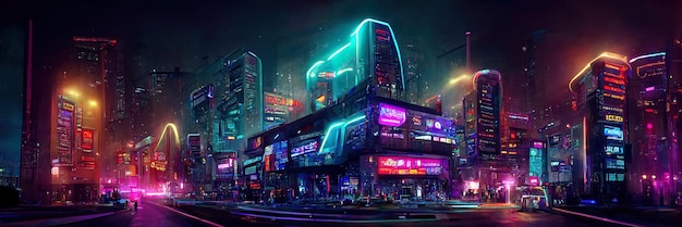 Cyberpunk city street, night view, futuristic city, neon lights. Night street scene, retro future.