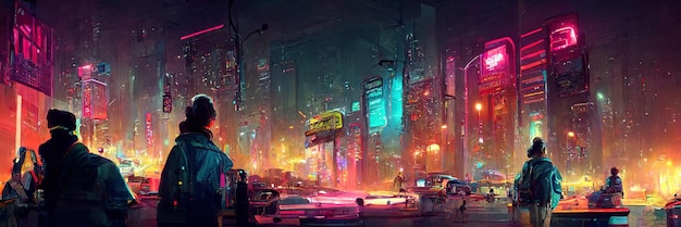 Cyberpunk city street, night view, futuristic city, neon lights. Night street scene, retro future.