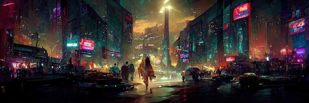 Cyberpunk city street, night view, futuristic city, neon lights. Night street scene, retro future.