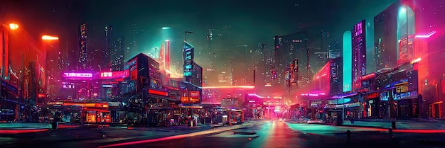 Cyberpunk city street, night view, futuristic city, neon lights. Night street scene, retro future.