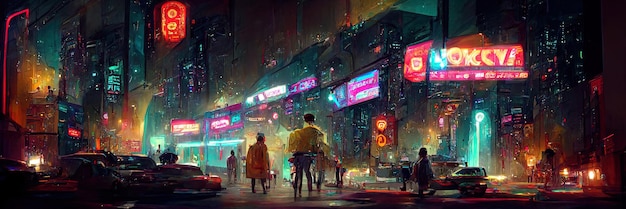 Cyberpunk city street, night view, futuristic city, neon lights. Night street scene, retro future.